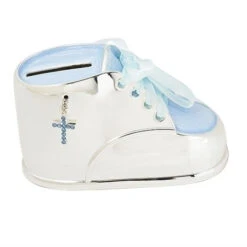 Baby Boy's Blue Shoe Bank With Jeweled Cross And Ribbon Laces